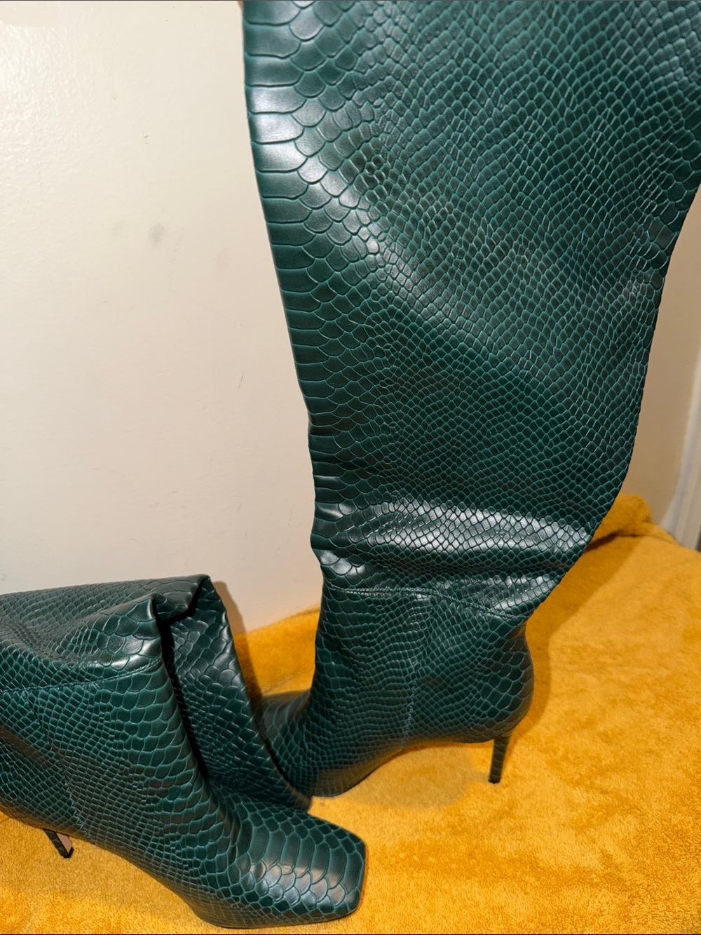 Aldo Dark Green Snake-Embossed Over-the-Knee Stiletto Boots